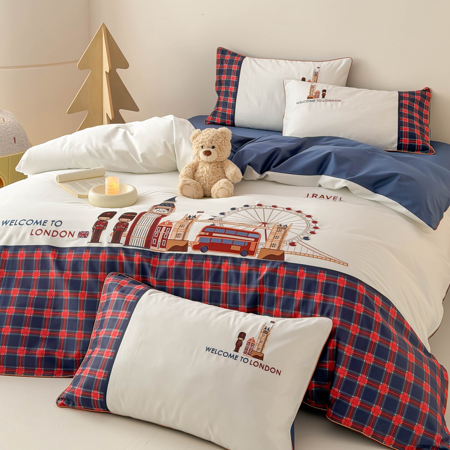英伦学院风格子四件套长绒棉四季通用卡通刺绣纯棉被套少年派床品
