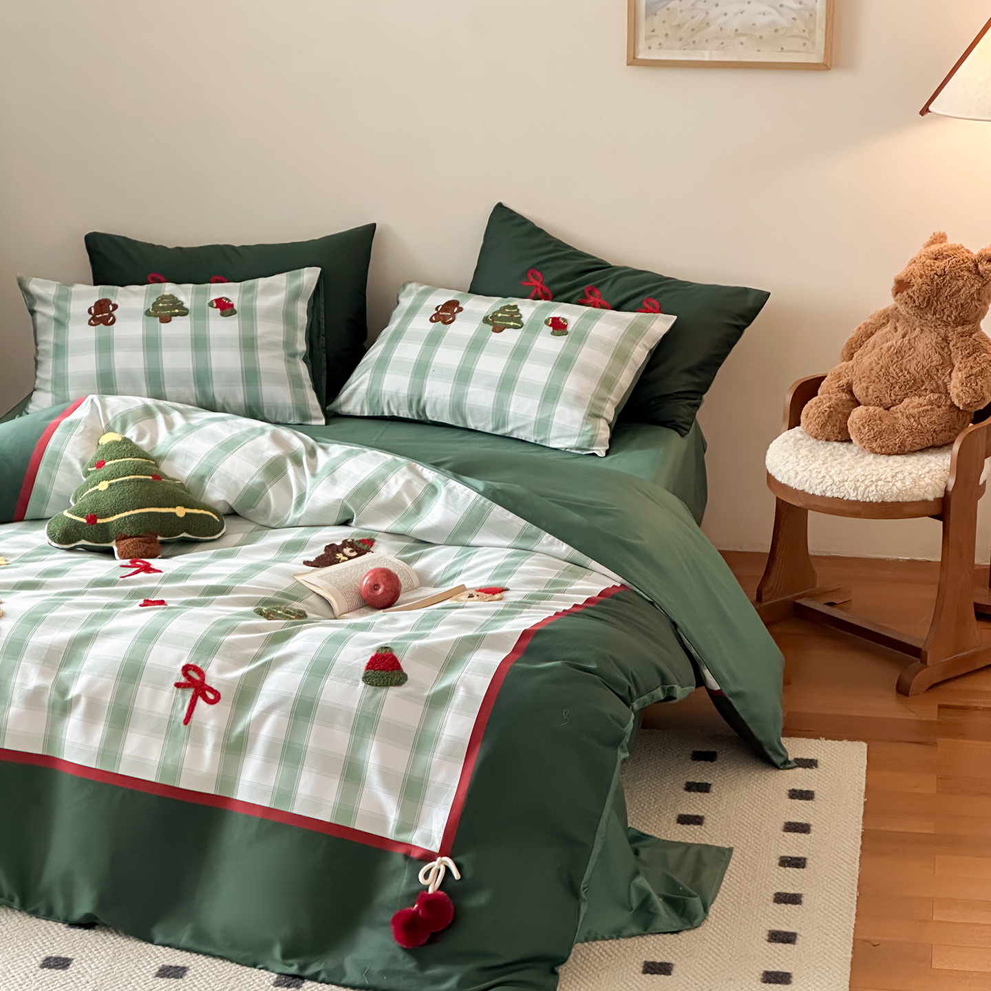 轻奢风100S全棉长绒棉四件套绿色格子毛巾绣纯棉被套1.8m床上用品