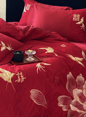 迎囍︱浪漫婚庆全棉四件套红色厚织提花喜字刺绣结婚被套新婚床品