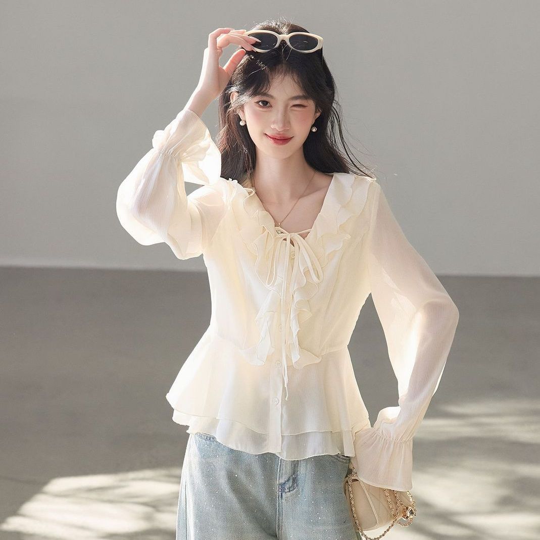 2026法式奶杏春秋上衣女层叠通勤穿搭超火减龄系带收腰雪纺衫长袖