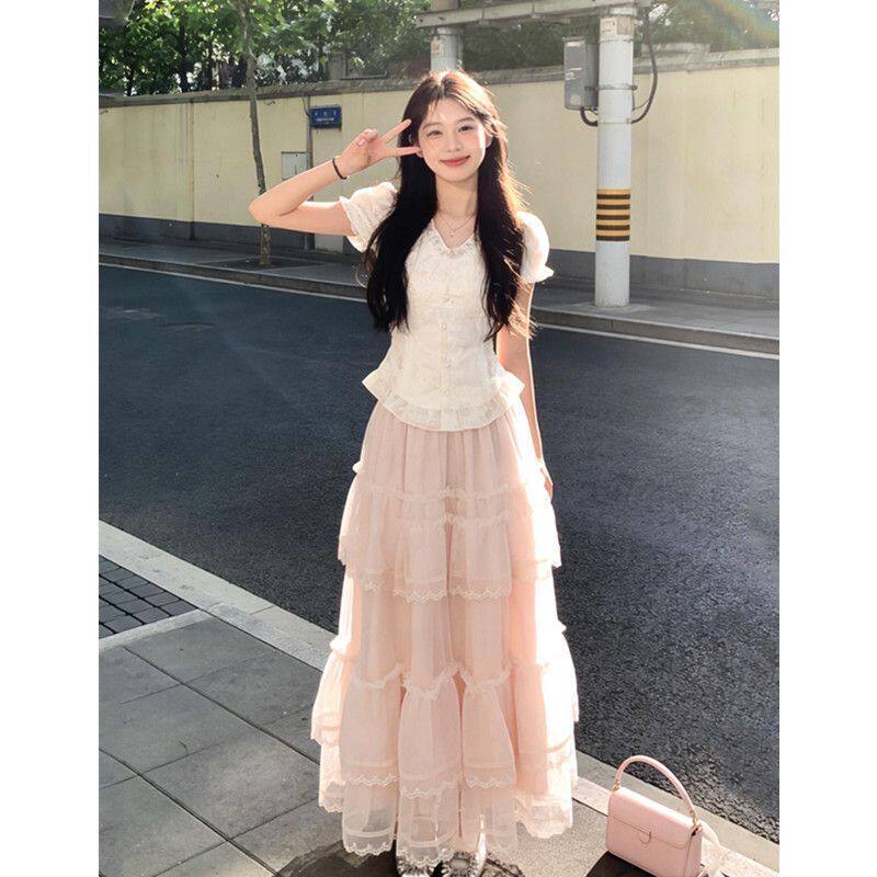 法式甜美温柔风粉色连衣裙女夏季特别漂亮蛋糕长裙子穿搭一整套装