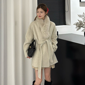 千金风毛呢外套女中长款 狐狸毛领系带收腰气质显瘦毛呢大衣羊毛