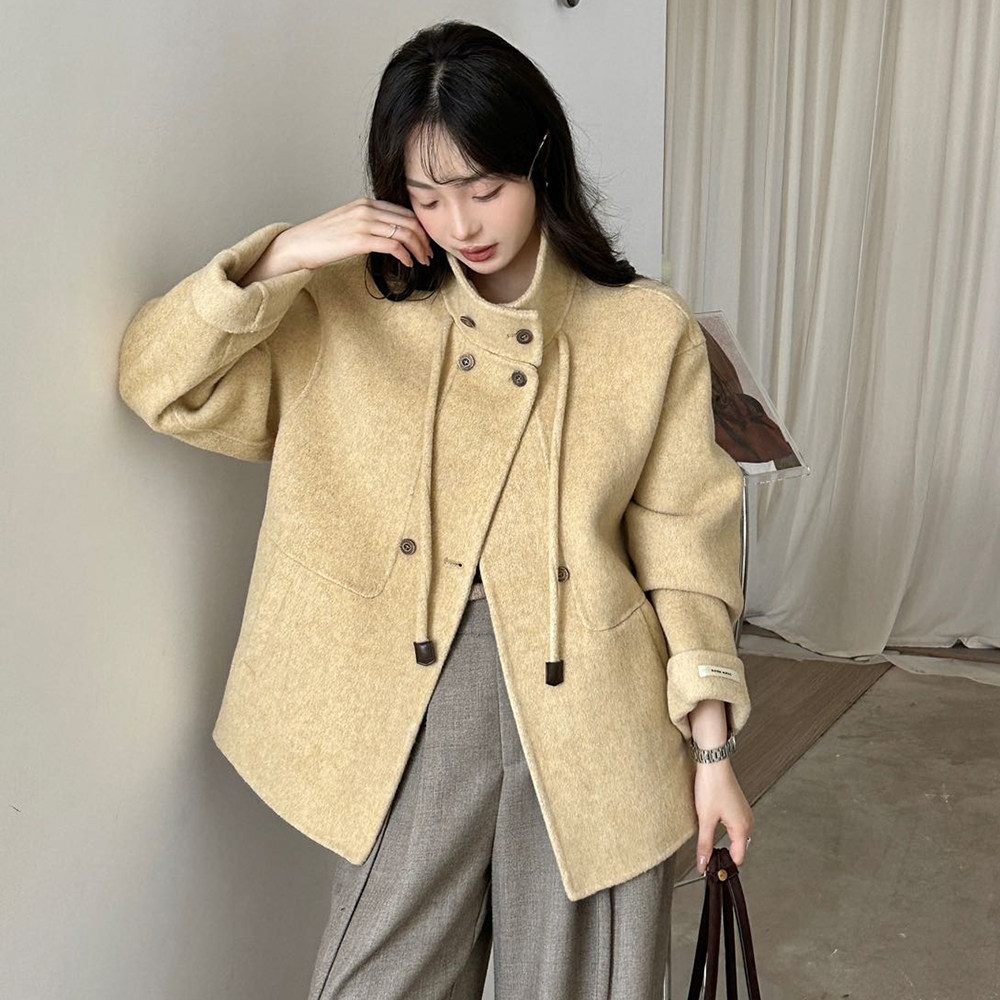 小香风立领双排扣羊毛呢大衣女