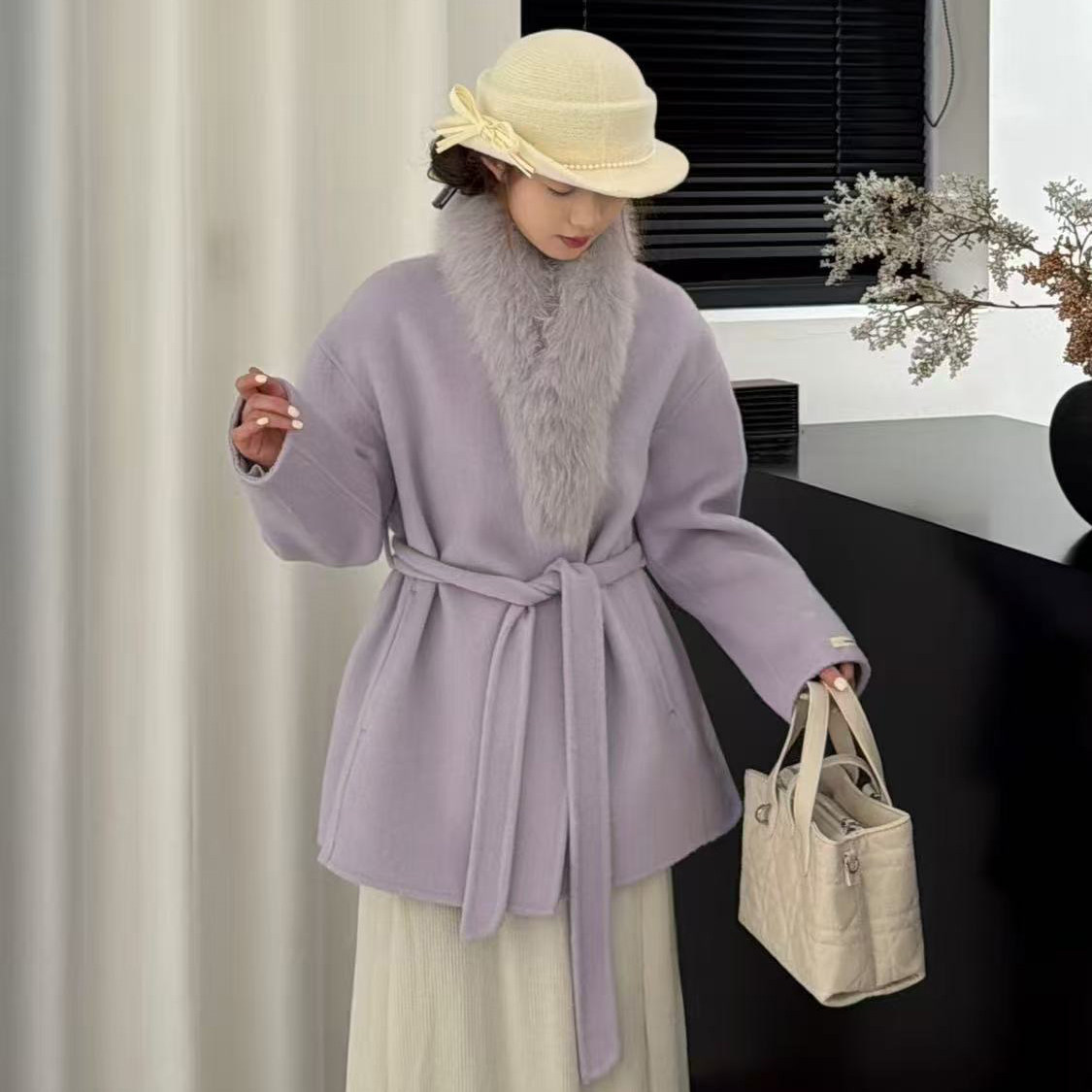 千金风毛呢外套女中长款狐狸毛领系带收腰气质显瘦毛呢大衣羊毛,女装/女士精品,毛呢外套,淘宝优惠券,粉丝福利购,淘宝优惠卷