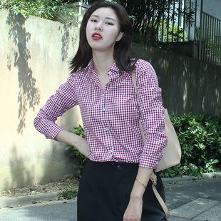 方纯棉休闲内搭大牌设计感复古春秋 女长袖 韩版 宽松黑白小格子衬衫