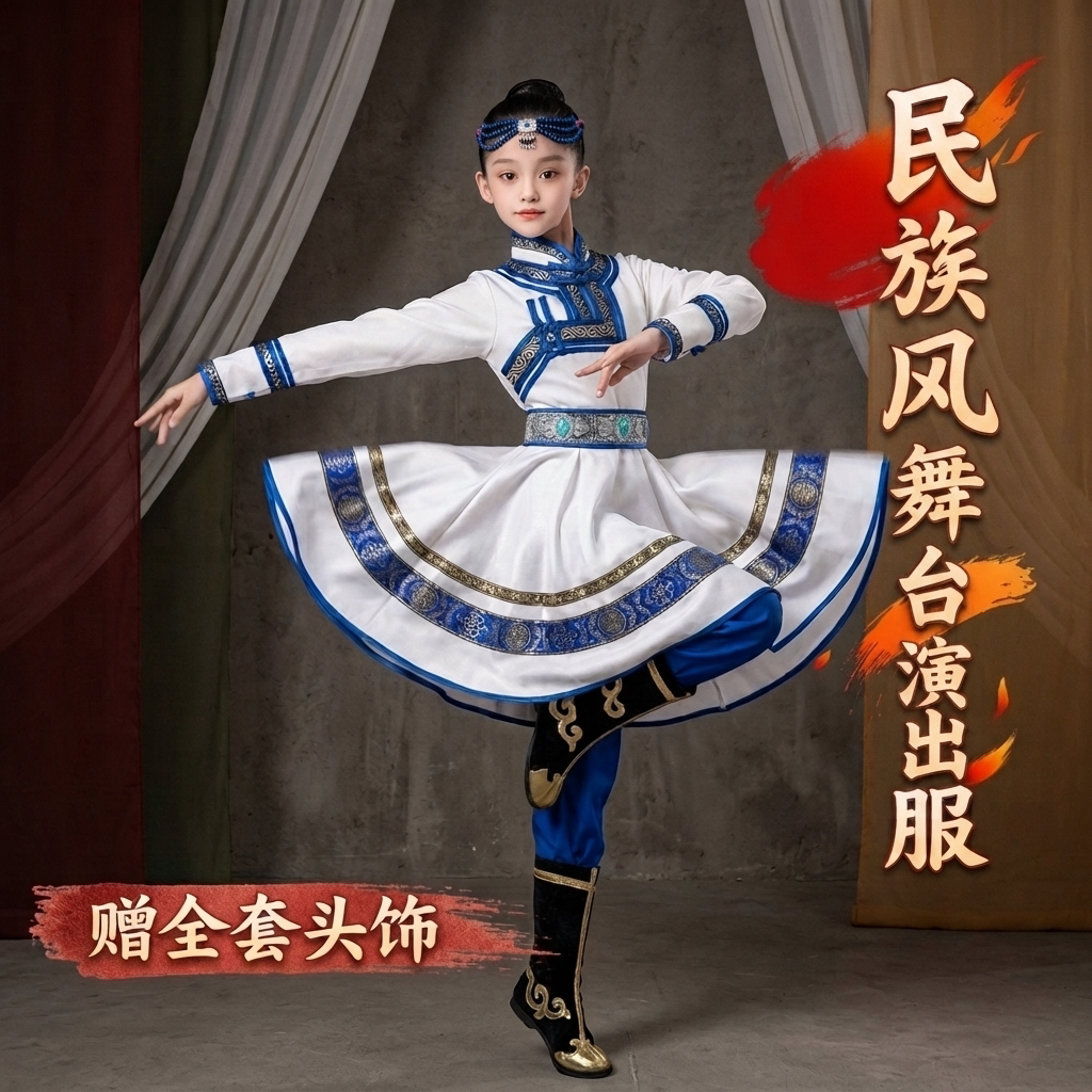 新款儿童蒙古族舞蹈演出服女童民族风白色蒙古筷子舞草原表演服装