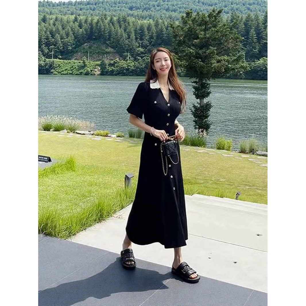 法式时尚V领单排扣泡泡袖开叉鱼尾长裙夏季款冰丝连衣裙裙连衣裙