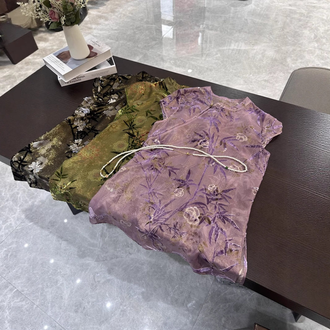 2025早秋款新中式真丝丝绒烧花连衣裙立领盘扣宽松显瘦裙子不退换