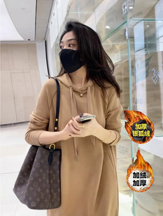 唐朱迪加厚连帽中长款加绒卫衣连衣裙女冬季秋冬气质大码女装宽松