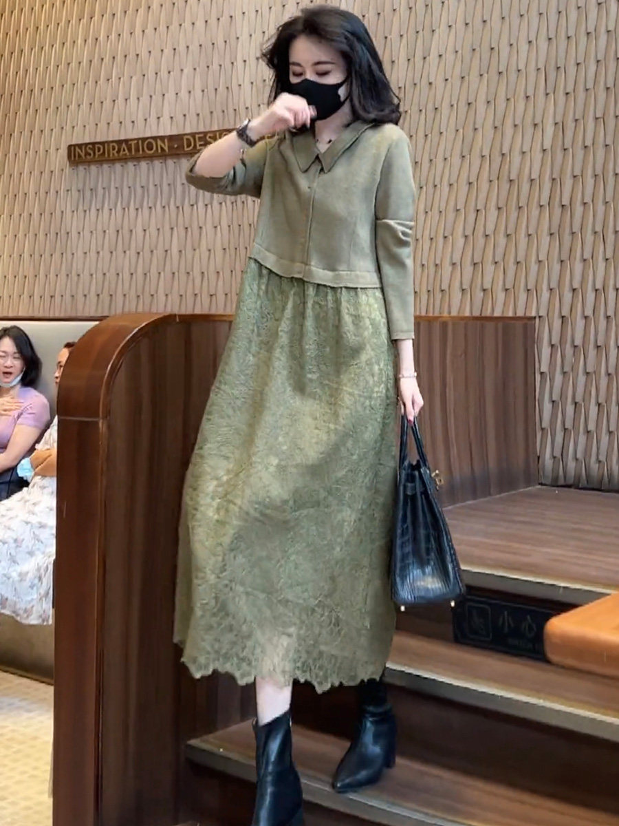 唐朱迪法式针织蕾丝假两件拼接长袖连衣裙秋冬新款收腰显瘦气质长