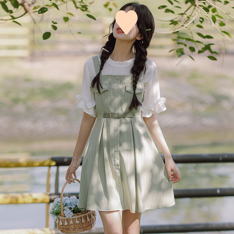 背带长裙子套装少女夏装2025新款初中高中学生甜美森系收腰连衣裙