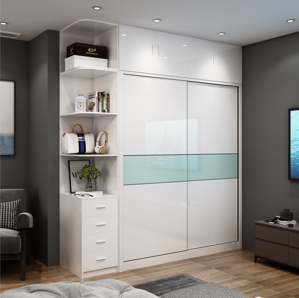 现代亮光烤漆趟门衣柜卧室大容量推拉门衣柜顶柜组合定制收纳橱柜