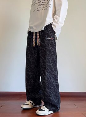 品牌外贸撤回尾货灯芯绒裤子春秋直筒阔腿长裤美式痞帅扎染休闲裤