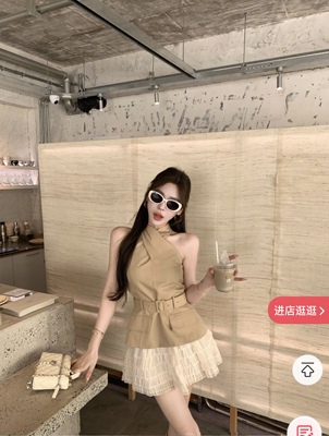 九月家【清冷温婉】卡其色交叉腰带背心/米色雪纺重工层层半裙潮