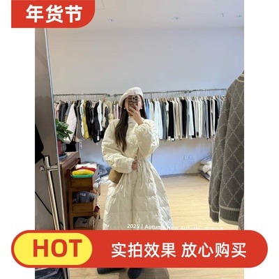 2025冬季新款韩版宽松休闲圆领90白鸭绒羽绒服中长款过膝收腰外套