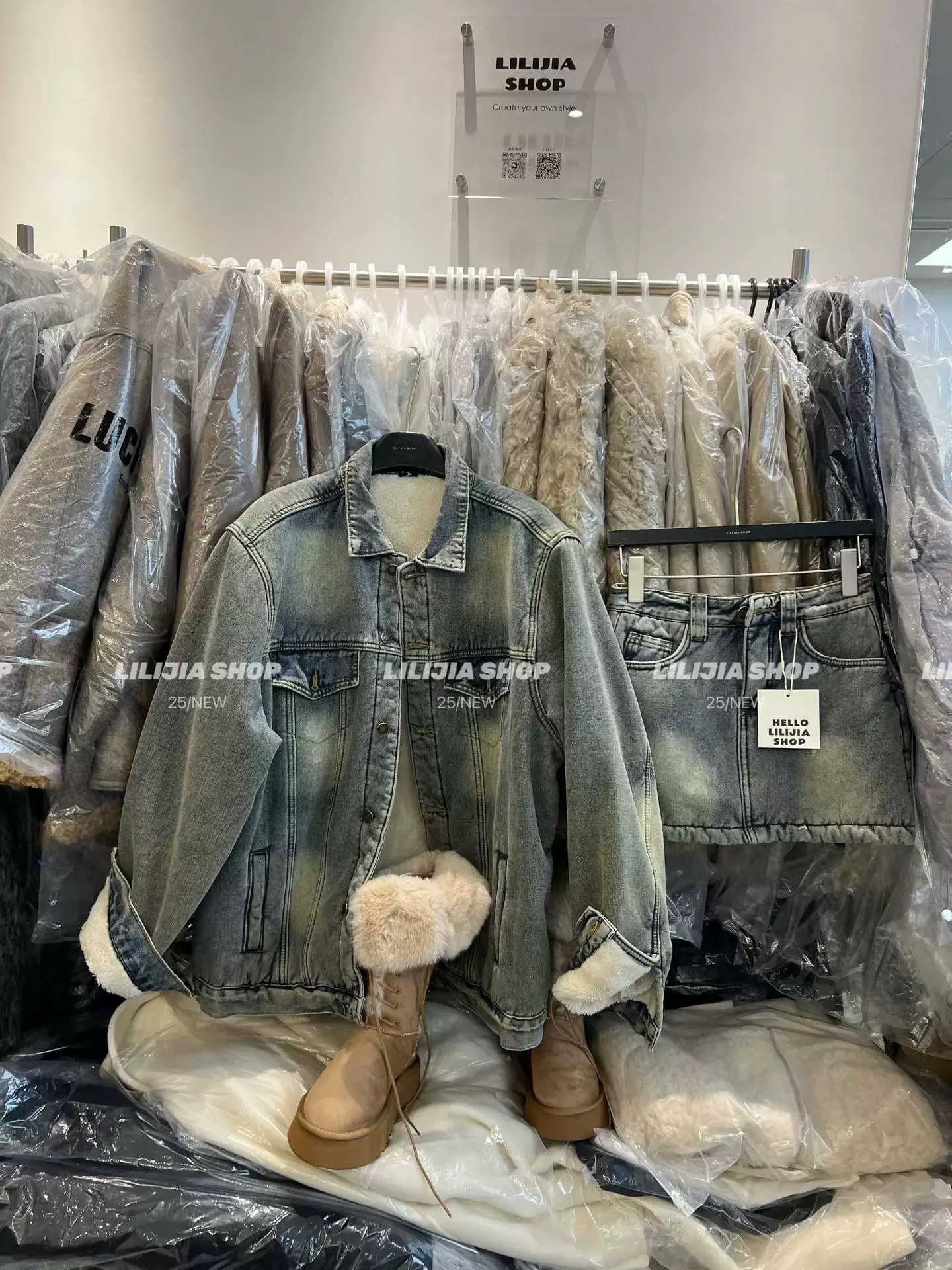 韩国东大门2025冬季新款韩版宽松休闲牛仔外套+加绒半身裙套装潮