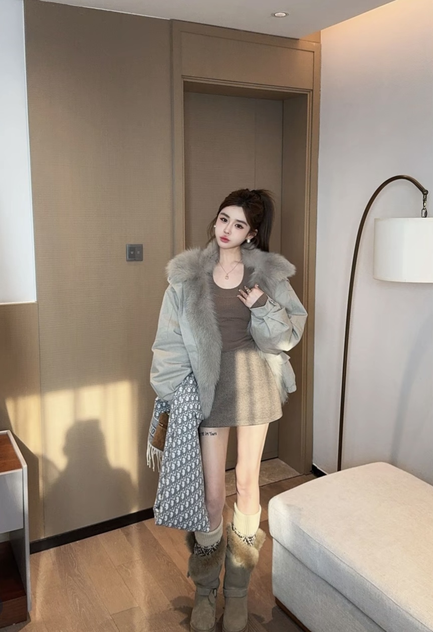 鹅绒狐狸坎毛派克服女2025冬季新款韩版宽松加厚保暖90白鹅绒外套