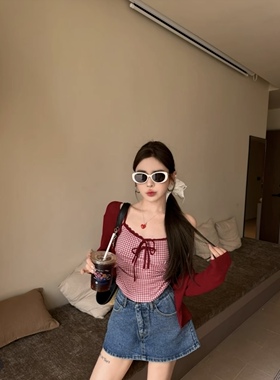 九月家【古着商店】红色冰丝防晒开衫/红格蝴蝶结吊带/蓝色裙裤潮