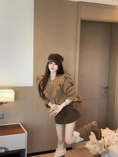 宽松百搭上衣 韩版 泡菜订制重工荷叶边栗色针织毛衣女2025冬季 新款