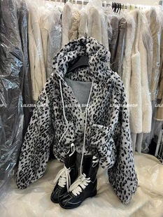 宽松休闲连帽长袖 韩版 豹纹毛毛上衣外套潮 新款 韩国东大门2025冬季