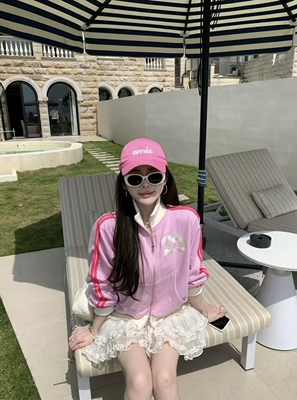 【甜梦初醒】粉色拉链刺绣数字外套/重工欧根纱层层半裙时尚套装