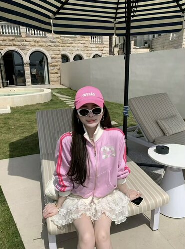 【甜梦初醒】粉色拉链刺绣数字外套/重工欧根纱层层半裙时尚套装