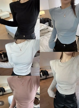 韩国东大门2025冬季新款韩版修身显瘦圆领拼接长袖T恤加绒打底衫