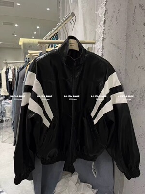 2026春秋新款韩版宽松拼色U皮杠条纹立领时尚洋气垫肩短外套夹克