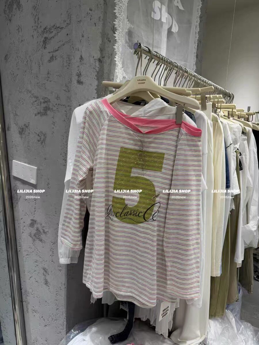 正品实拍2026夏季新款韩版时尚百搭宽松显瘦设计感拼色条纹T恤女
