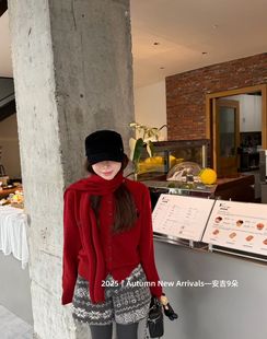 时尚 韩系穿搭针织开衫 新款 泡菜订制提花配围巾毛衣外套女2025冬季