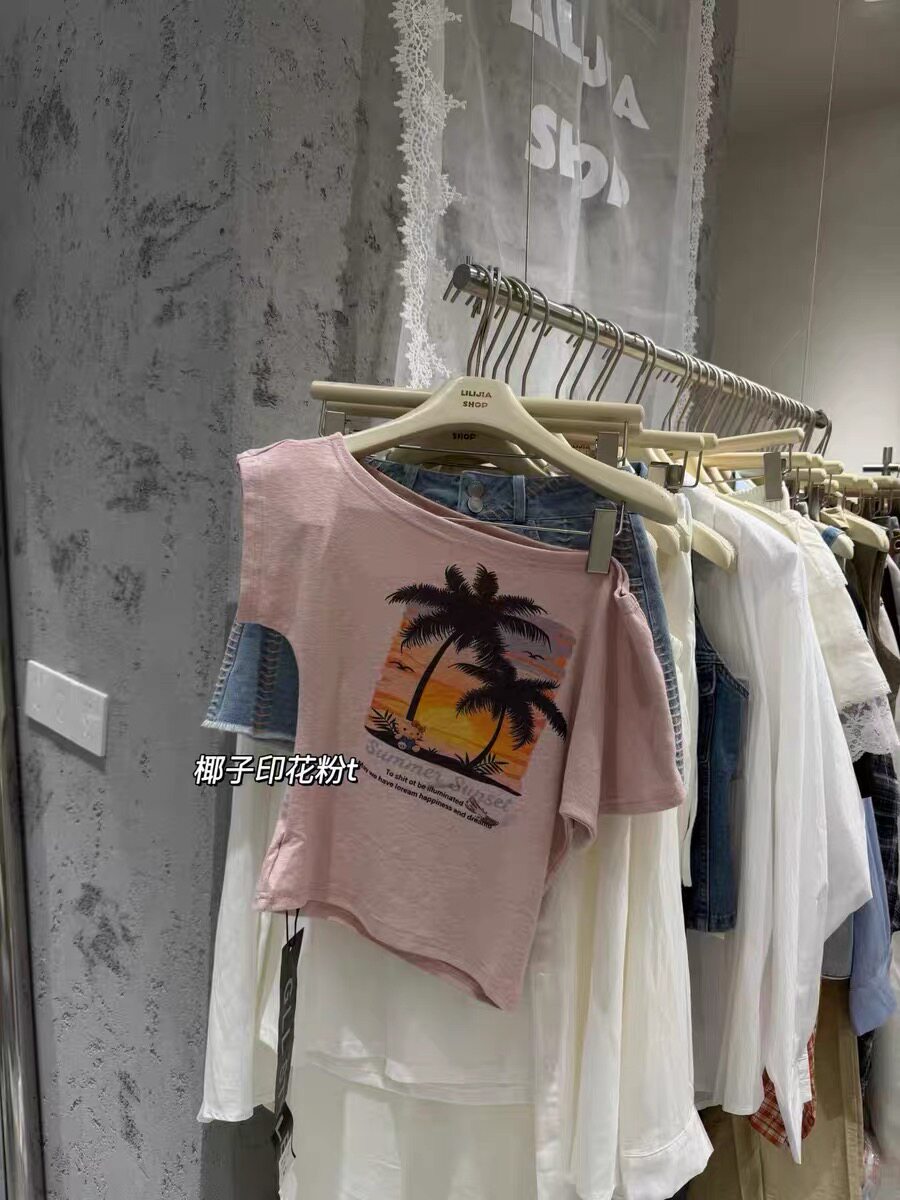 正品实拍2026夏季新款韩版时尚百搭显瘦海岛印花图案拉肩短袖T恤