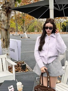 宽松翻领毛绒绒短外套女百搭显瘦毛衣开衫 韩版 上衣潮 新款 2025冬季