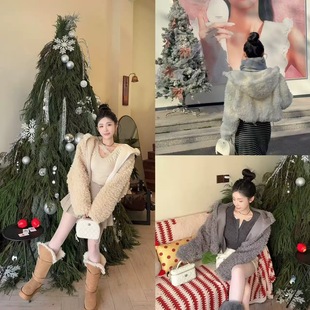 宽松慵懒风连帽皮毛一体羊羔毛百搭外套加厚上衣 韩版 2025冬季 新款