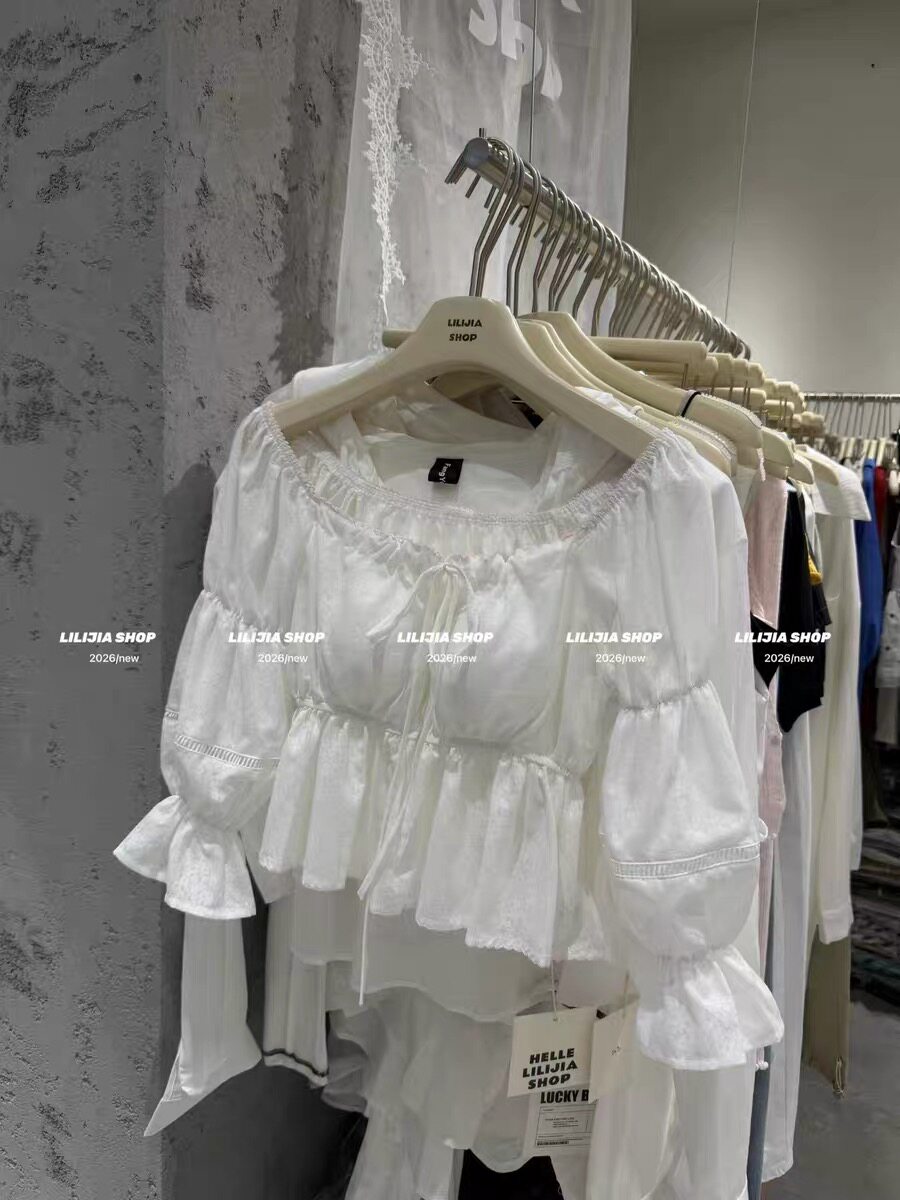 正品实拍法式甜美风白色方领半袖小衫减龄荷叶边泡泡袖显瘦上衣潮