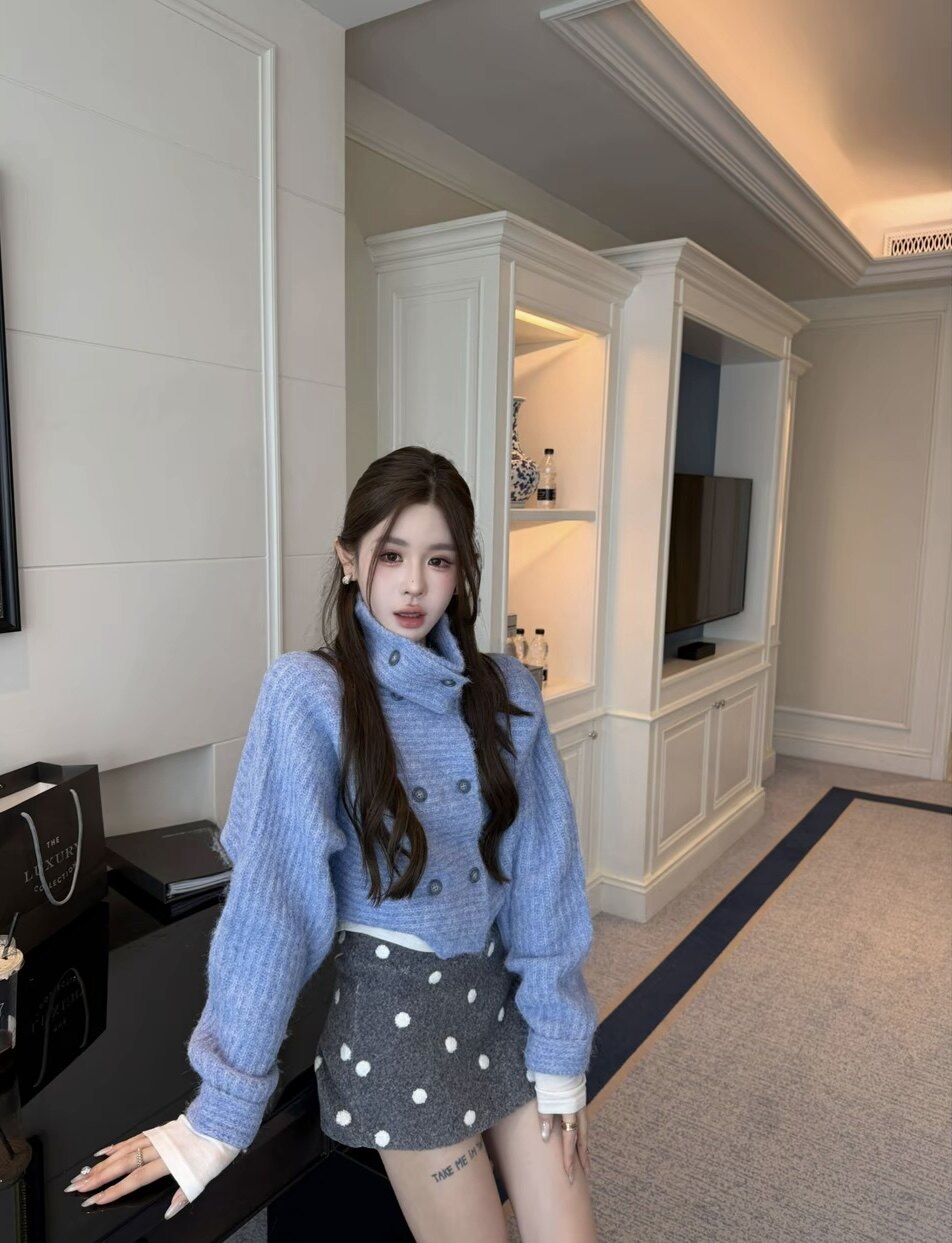 九月家【鬼马少女】蓝色设计感针织毛衣/灰色波点毛尼半裙套装潮