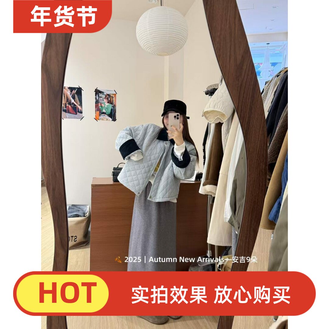 五折福利。        新款韩版宽松休闲翻领菱格棉服外套女短款上衣
