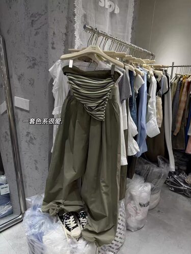 正品实拍2026夏季新款韩版时尚百撞色条纹抹胸上衣抽绳休闲裤套装