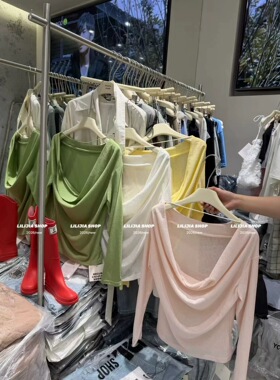 正品2026春季新款韩版宽松百搭一字肩长袖T恤时尚洋气纯欲风上衣