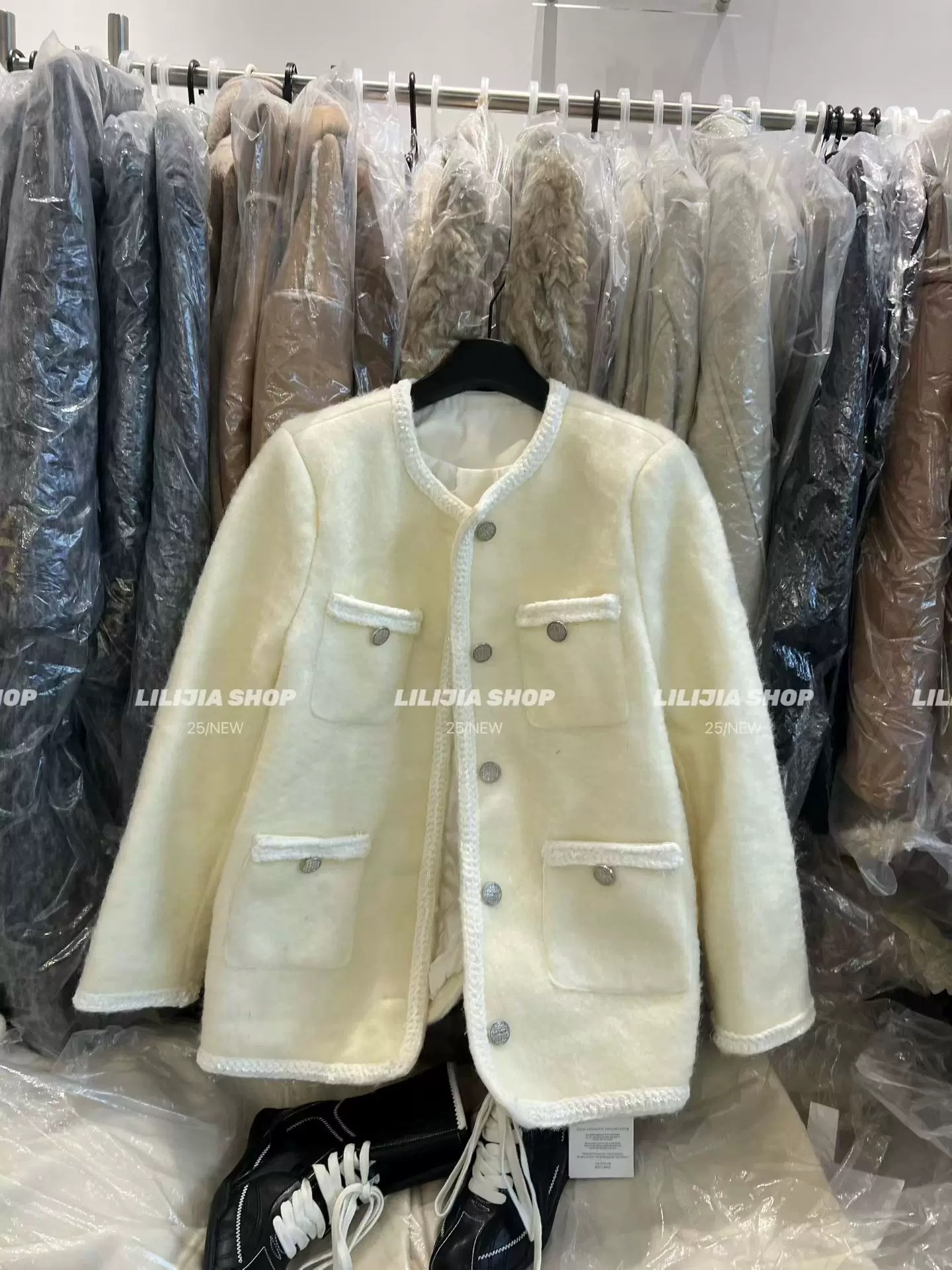 韩国东大门2025冬季新款韩版宽松圆领中长款夹棉小香风短外套上衣