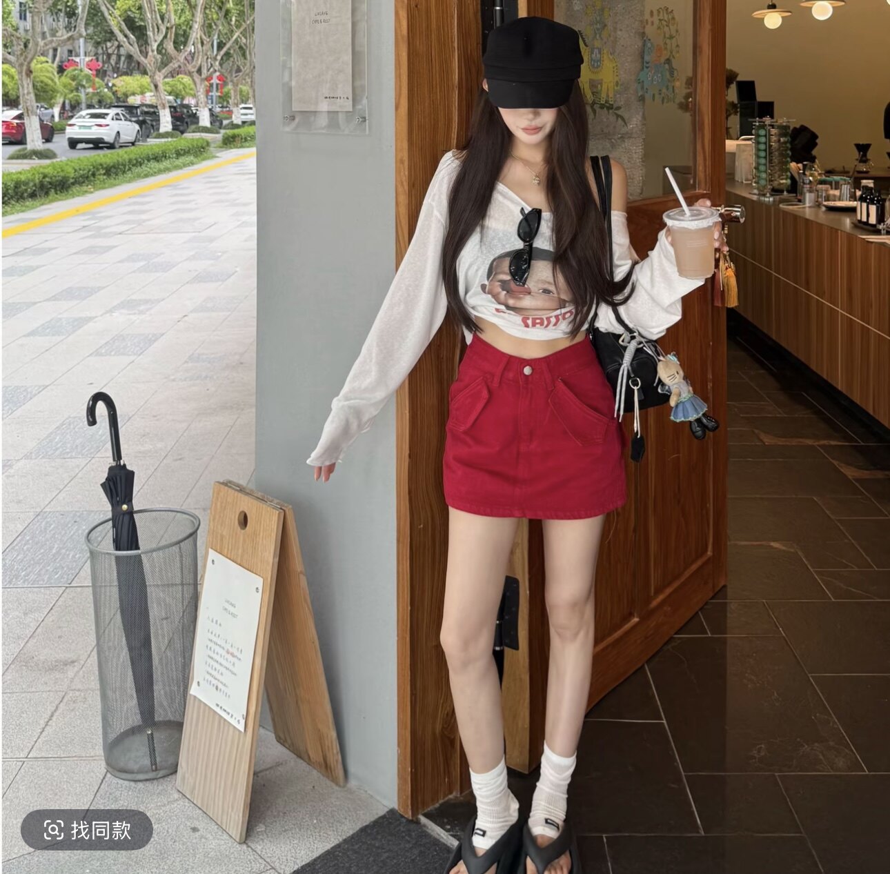九月家 热烈少女 白色娃娃脸长袖防晒衣T恤红色斜口带裙裤套装潮