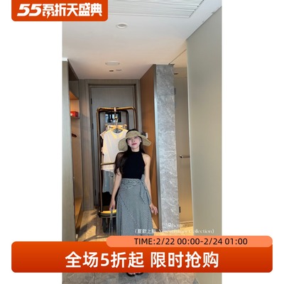 五折福利     无袖冰丝针织衫上衣背心+绑带设计感格子半身裙套装