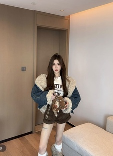 洋气加厚外套 韩版 泡菜订制蓝色牛仔连帽羊羔毛外套女2025冬季 新款