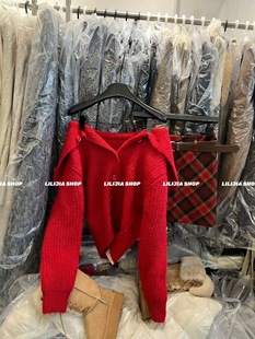 针织开衫 韩国东大门2025冬季 宽松翻领时尚 韩版 毛衣红色外套潮 新款