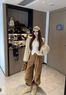 新款 女2025冬季 韩版 百搭工装 泡菜订制灯芯绒加绒工装 裤 口袋休闲裤