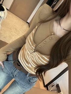 修身 韩版 显瘦上衣 新款 泡菜订制黑色条纹吊带加绒两件套女2025冬季