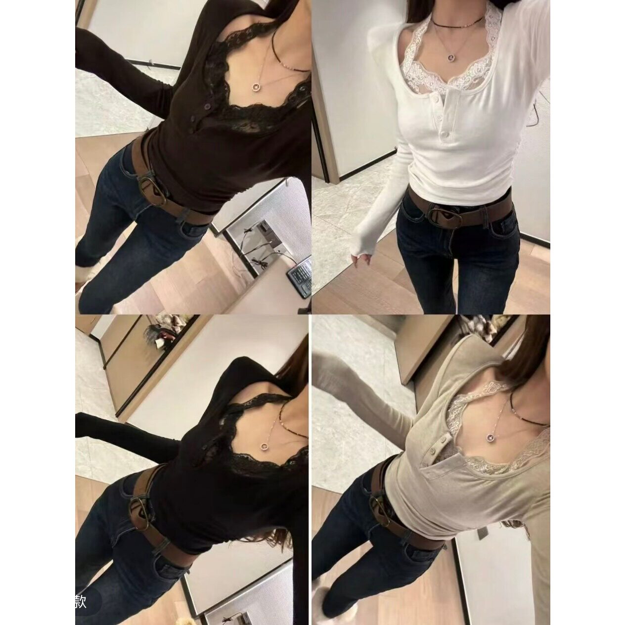 泡菜订制白色蕾丝假两件加绒T恤女2025冬季新款修身显瘦加厚内搭