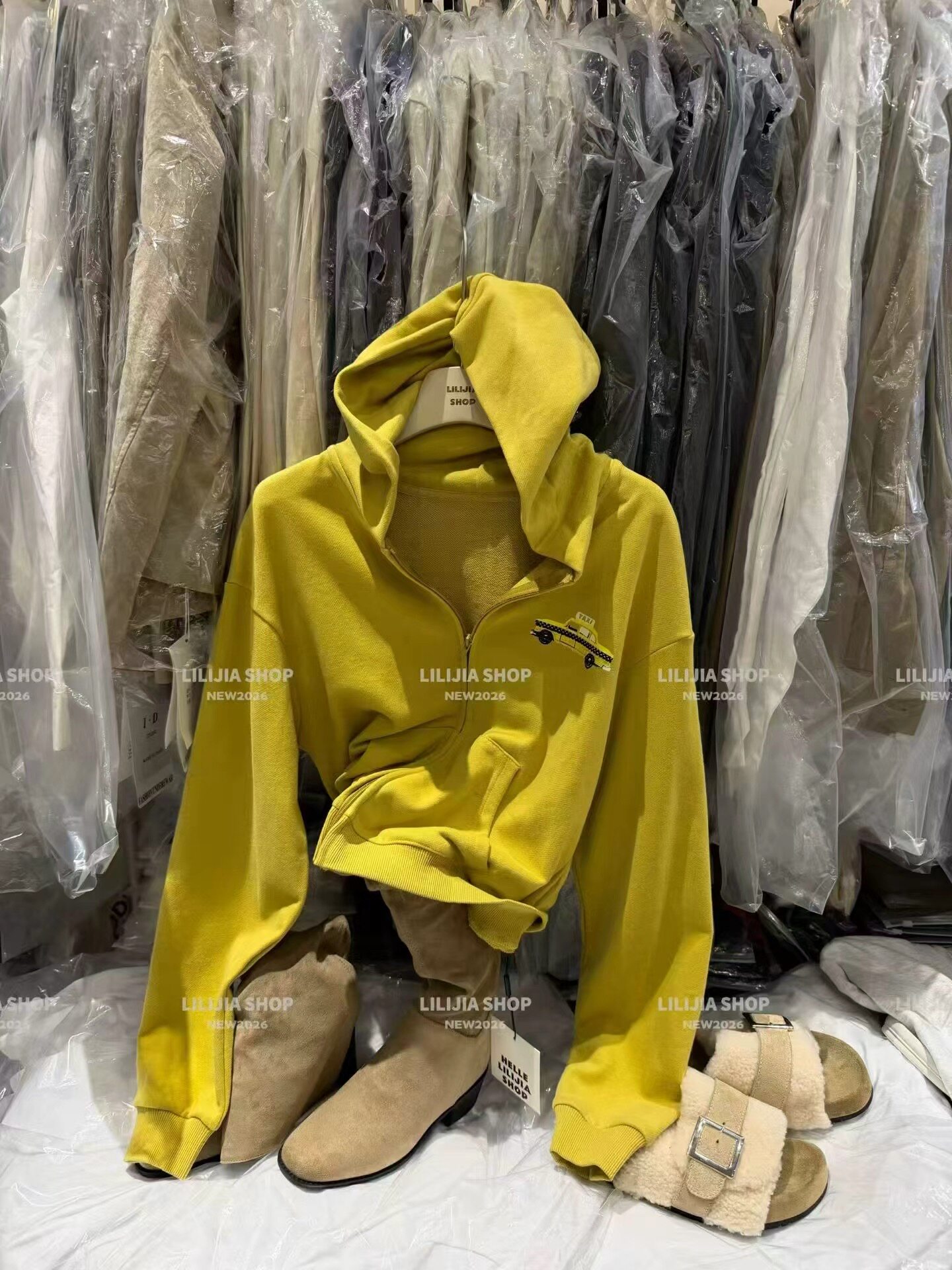 LiLijia正品 秋季新款韩版时尚百搭显瘦小汽车印花连帽拉链卫衣潮