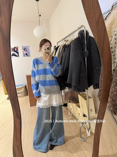 宽松休闲V领条纹撞色针织衫 韩版 毛衣女潮 新款 韩国东大门2025冬季