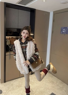 宽松拼色加厚毛衣潮 韩版 泡菜订制连帽复古针织毛衣女2025冬季 新款