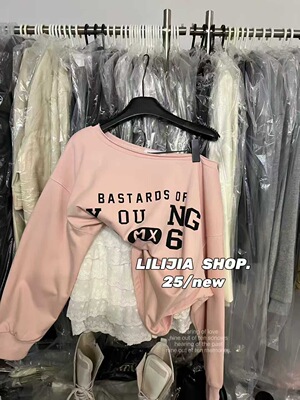 2025秋季新款韩版宽松字母印花套头斜肩洋气减龄卫衣女长袖上衣潮